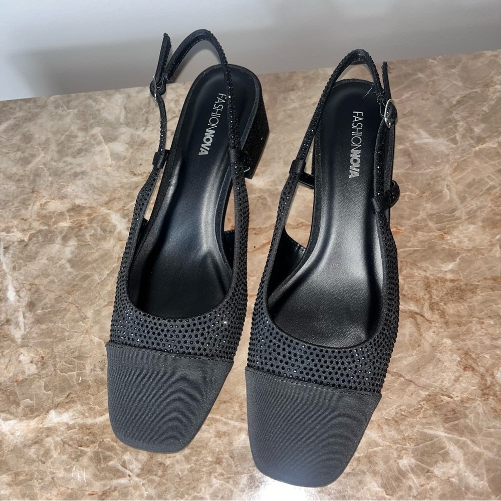 Black with Gemstone Crystal Embellishment Block heeled Mules